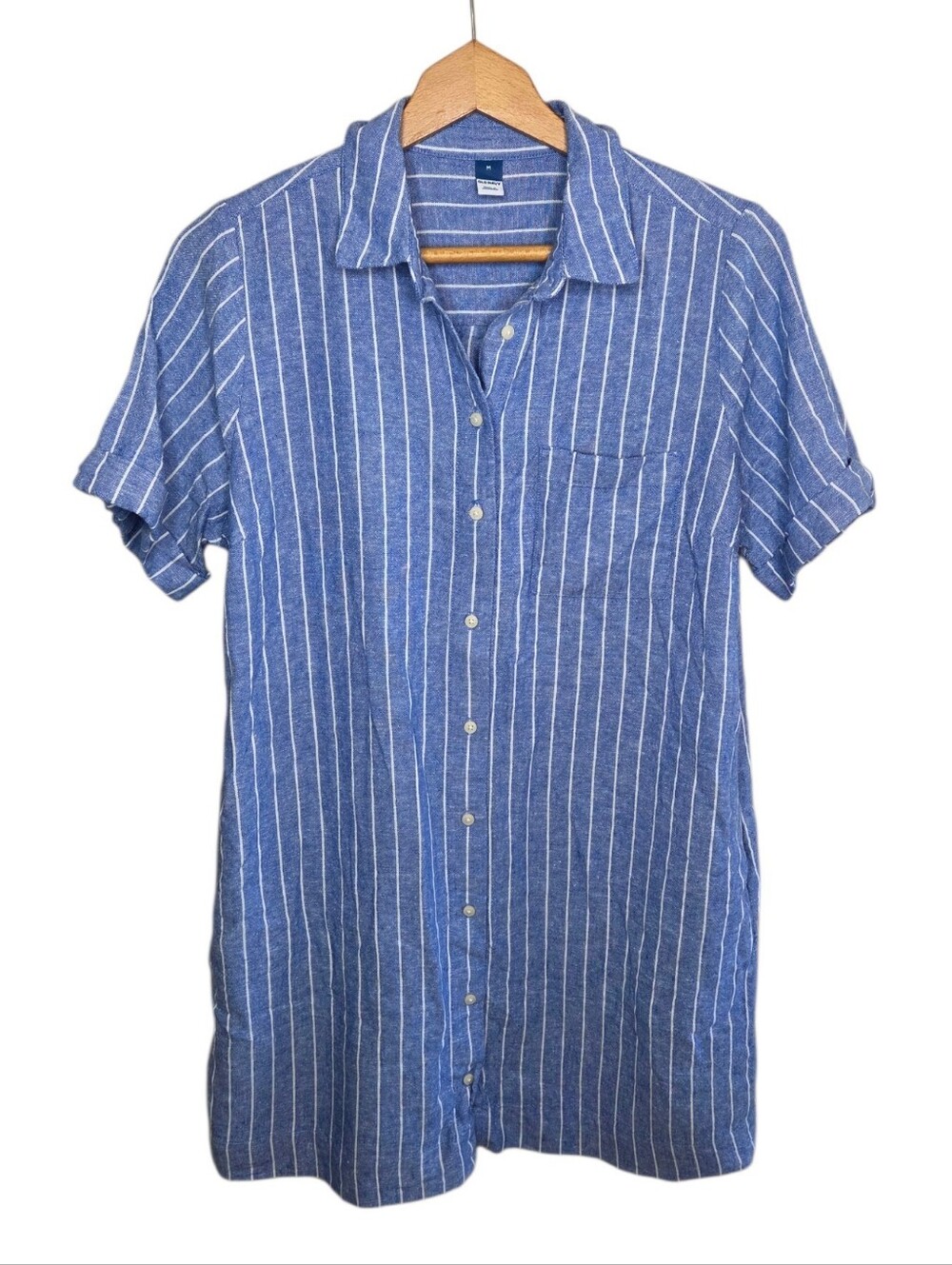 Old Navy Blue White Striped Linen Blend Short Sleeve Shirt Dress Size Medium
